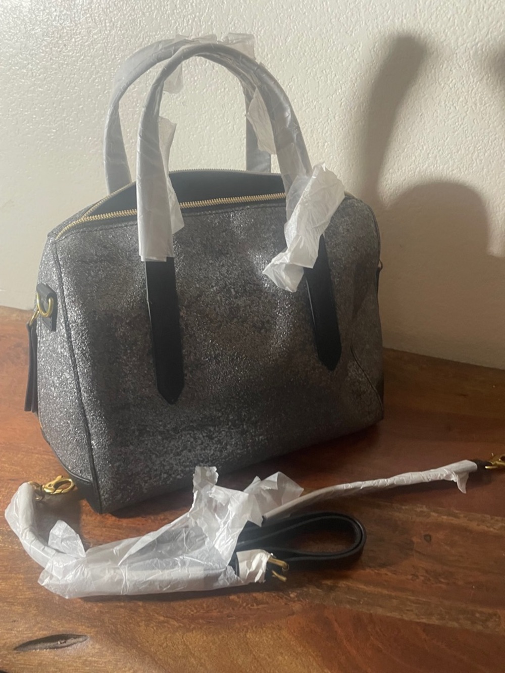 Fossil Sydney Gunmetal Glitter Satchel Crossbody NWT - Picture 6 of 14